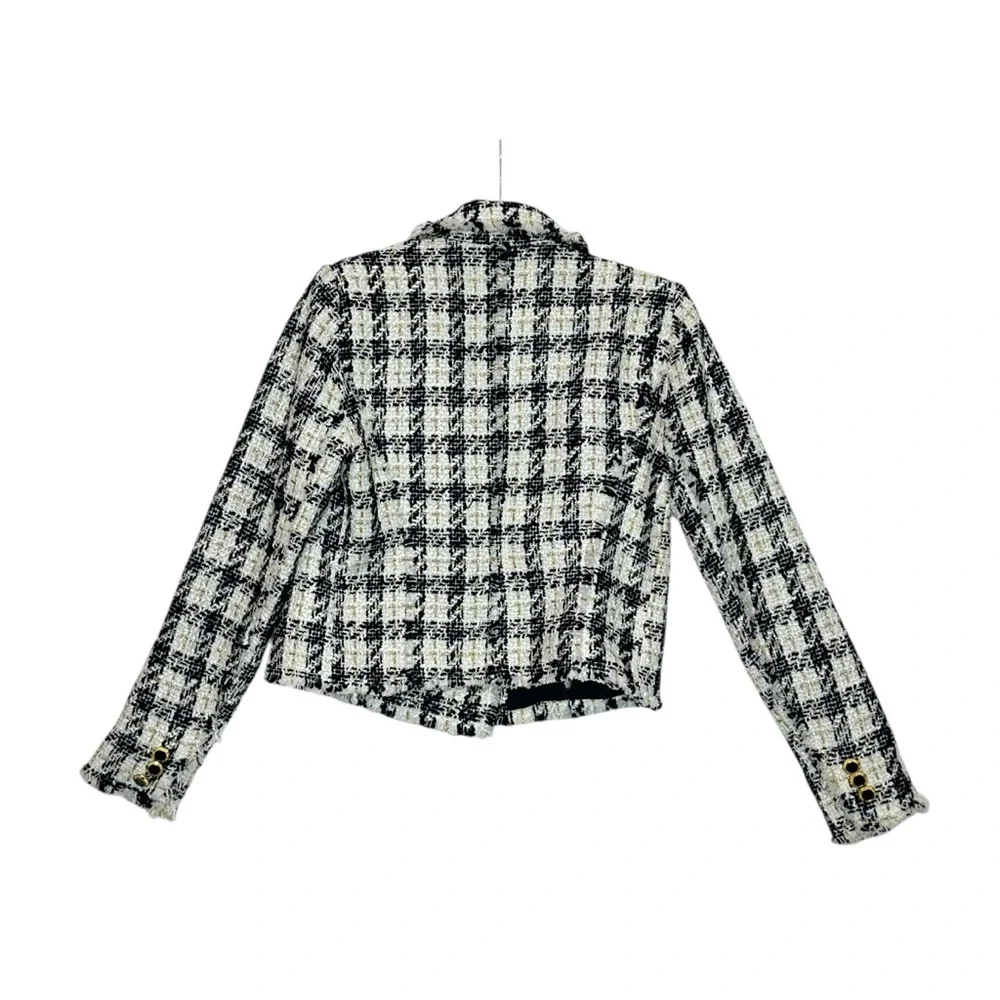 House of Harlow Plaid Tweed Metallic Fringe Wool Blend Blazer| S